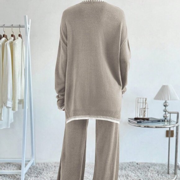 Multicolor Casual Women's Contrast Color Long Sleeve Sweater & Knitted Pants Set - Picture 2 of 6